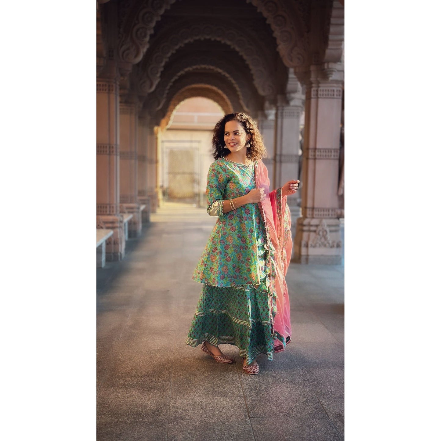 Sea green printed Kurti with Skirt and Dupatta