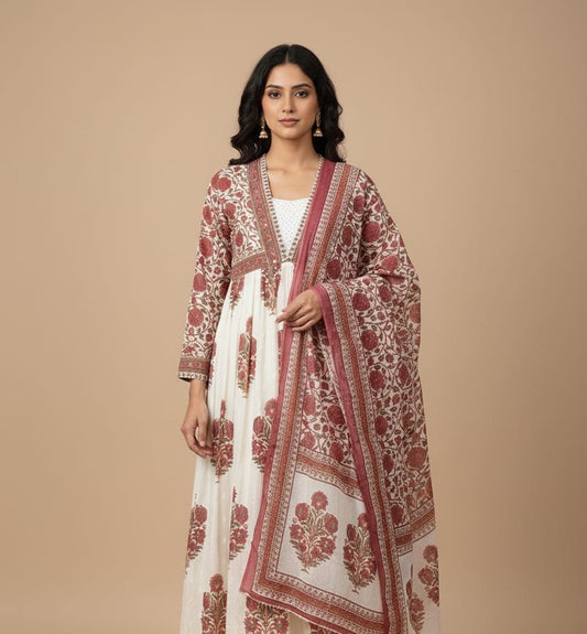 White & Pink Floral A-Line Anarkali Kurta Set – Pure Cotton (3-Piece)