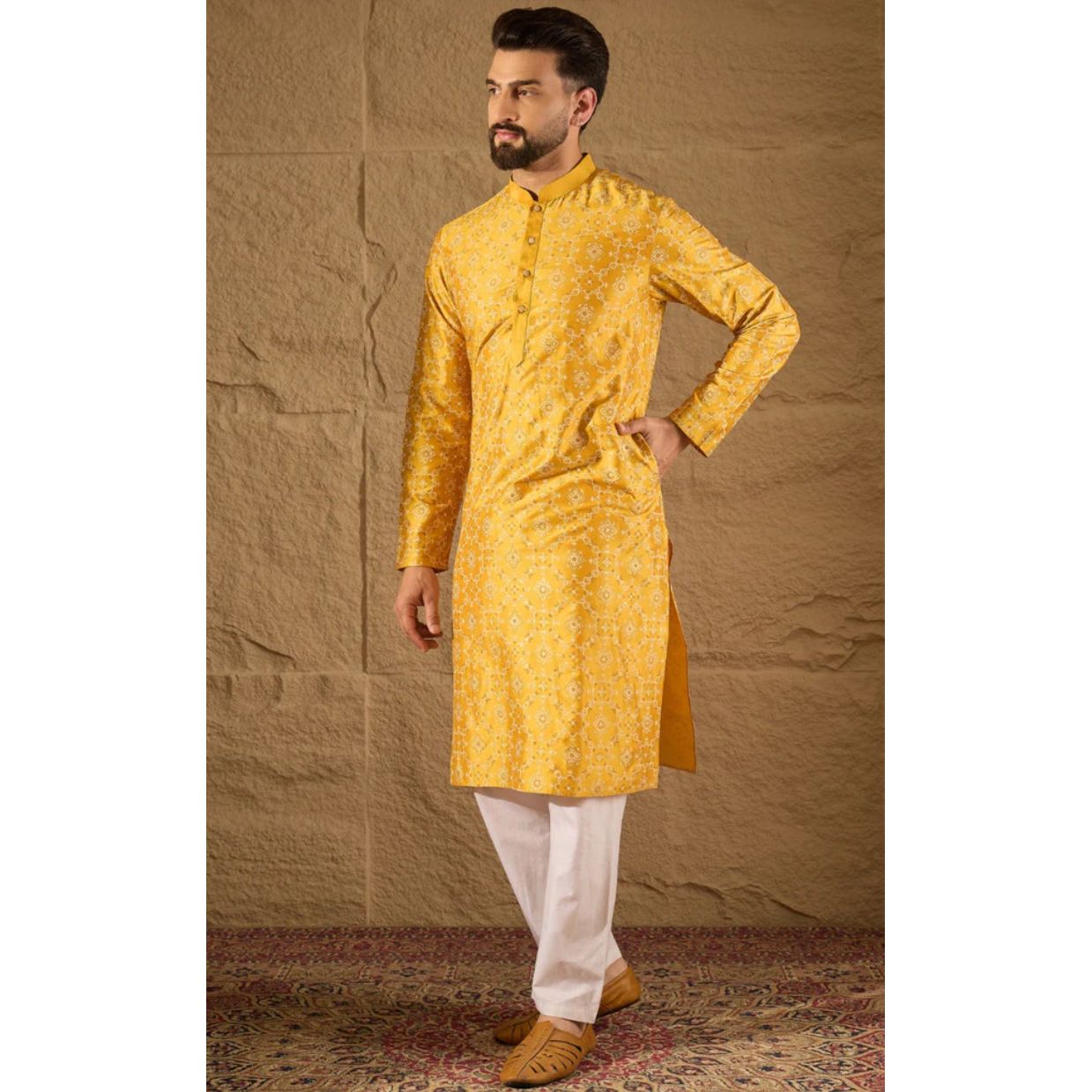 Yellow Silk Floral Printed Straight Kurta