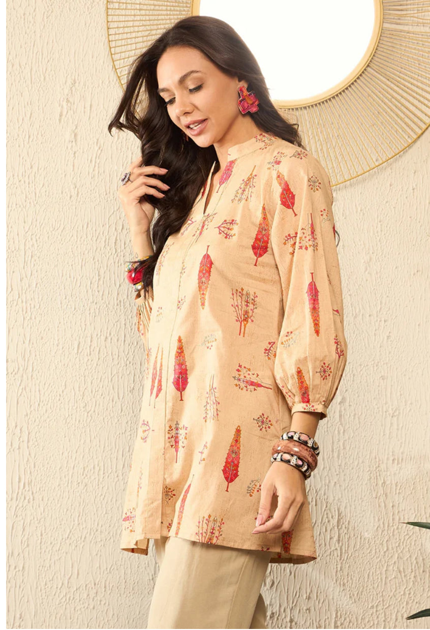 Beige Cotton Blend Floral Printed Regular Top