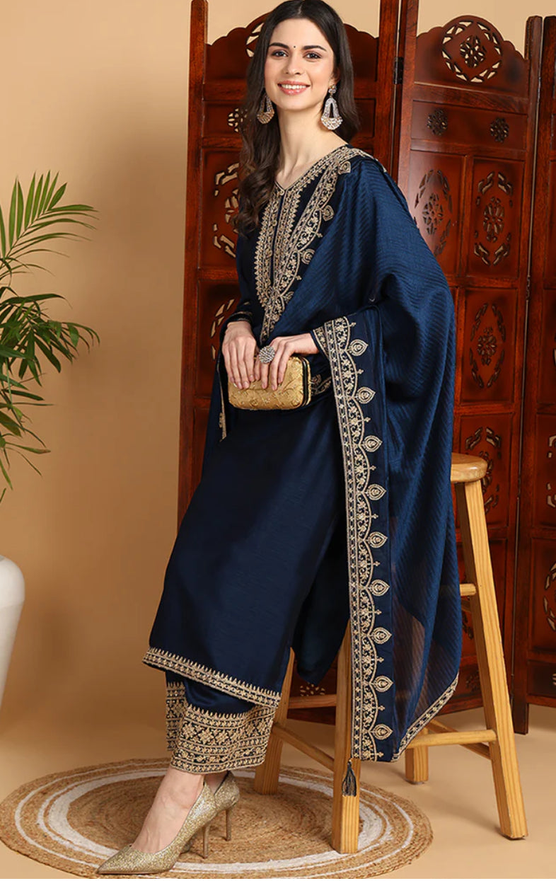 Navy Blue Silk Blend Solid Embroidered Straight Suit Set