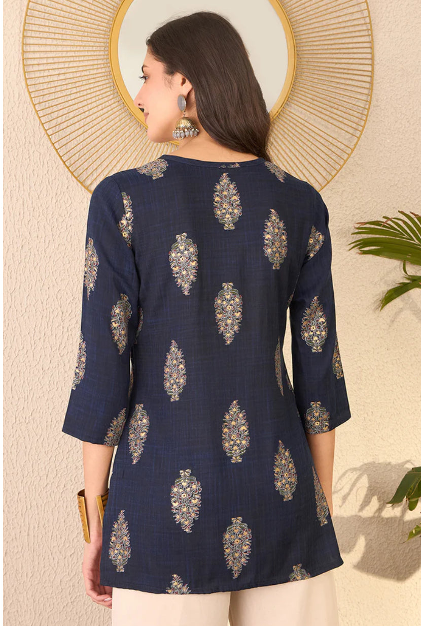 Navy Blue Cotton Blend Floral Printed Regular Top
