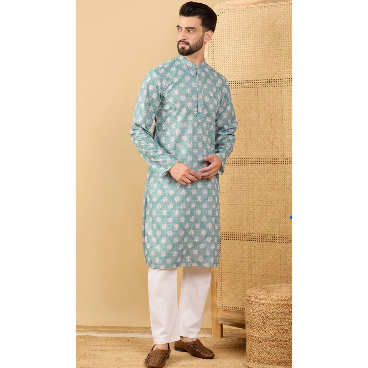 Sea Green Embroidered Straight Chikankari Kurta for Men