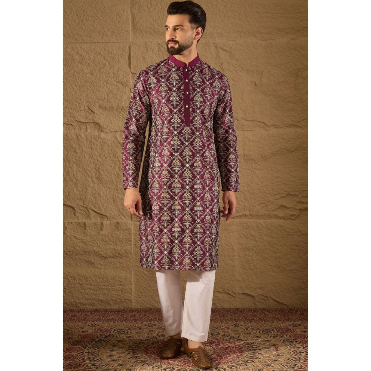 Purple Silk Floral Printed Straight Kurta