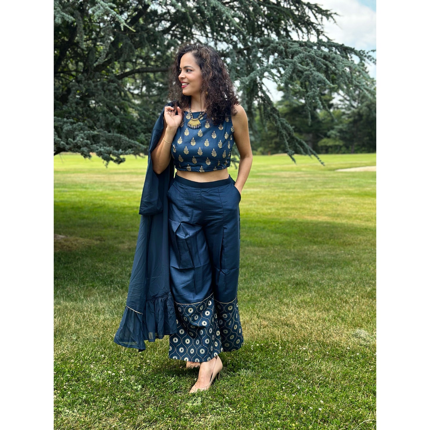 Versatile Crop Top with Palazzo Pants and Jacket Set for Women