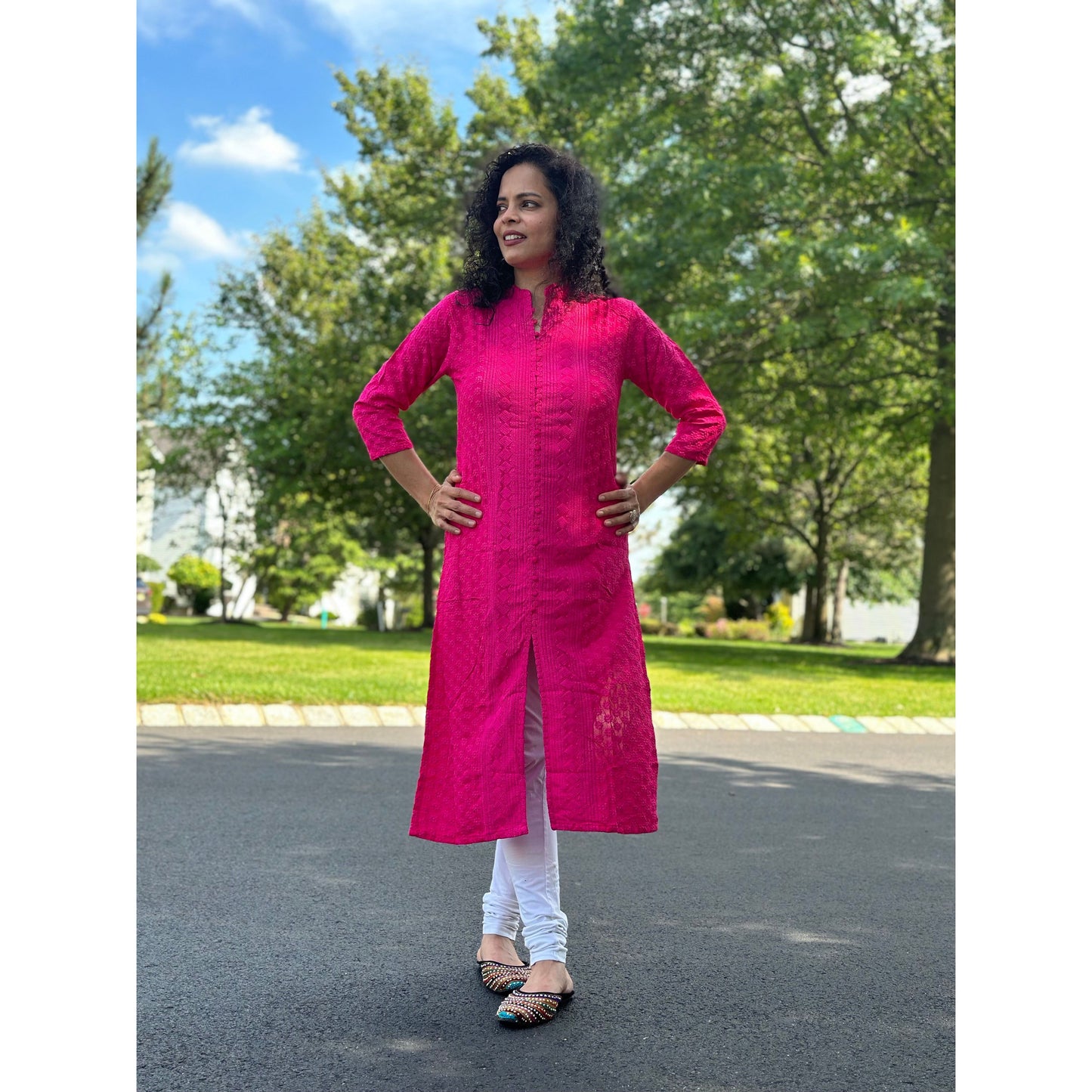 Lakhnavi Chikankari Kurta /Kurti Dark Pink