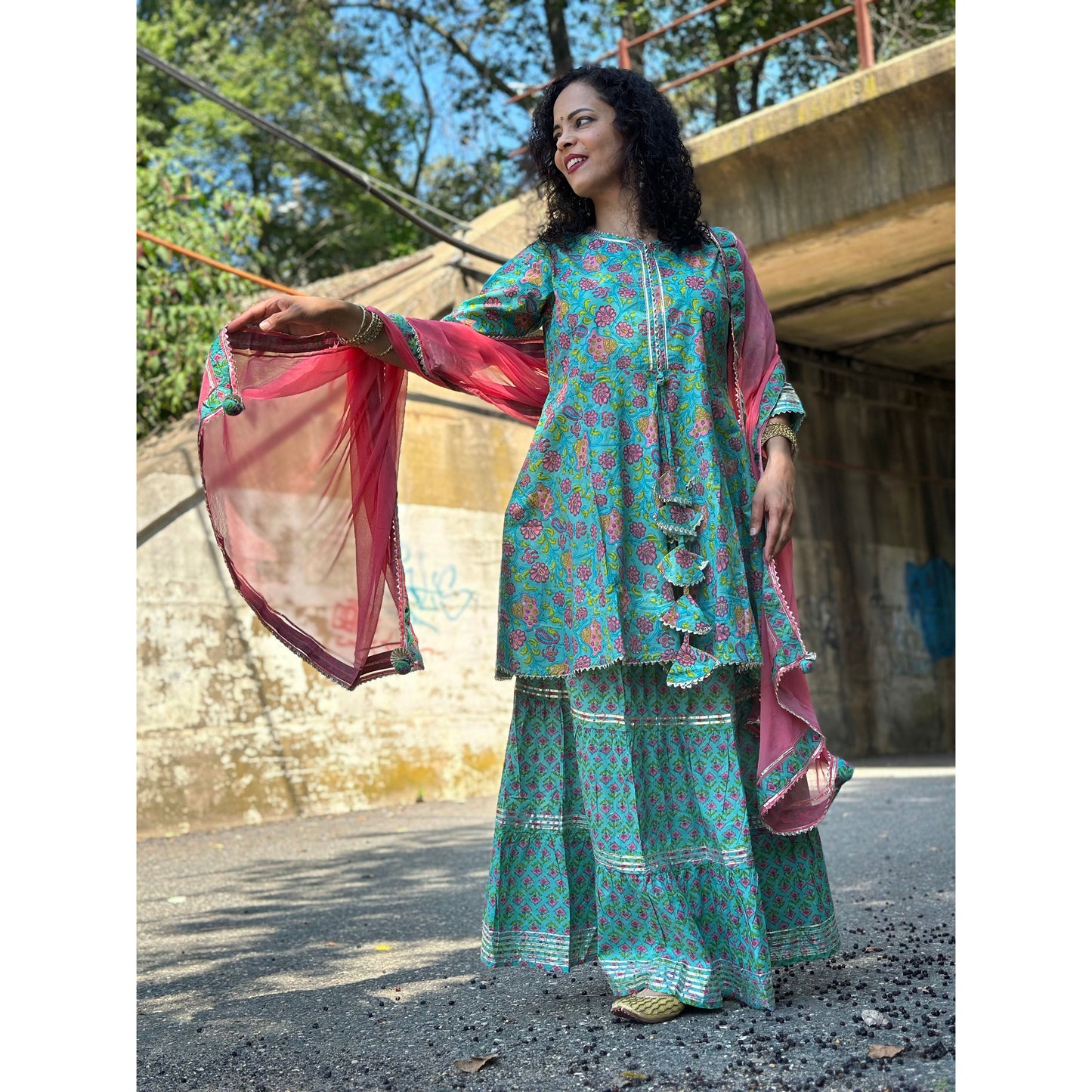 Sea green printed Kurti with Skirt and Dupatta
