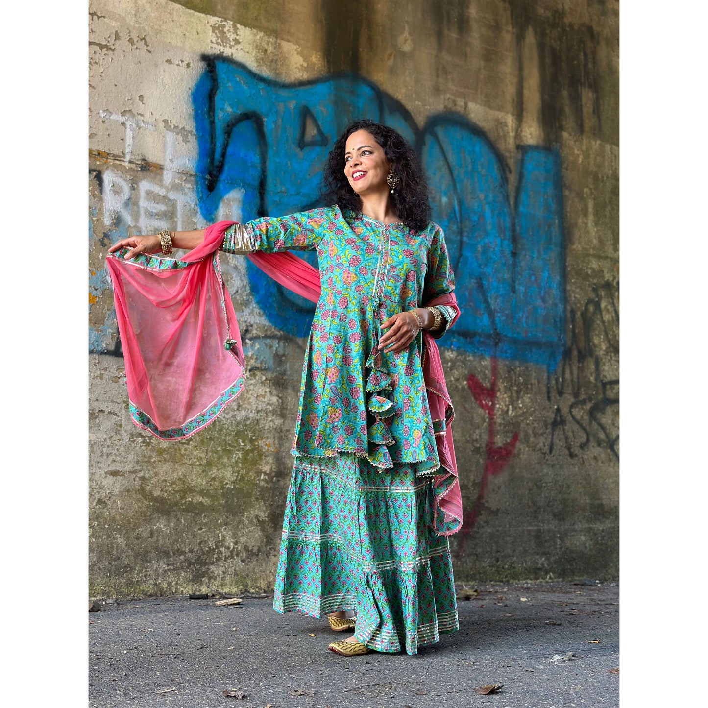 Sea green printed Kurti with Skirt and Dupatta