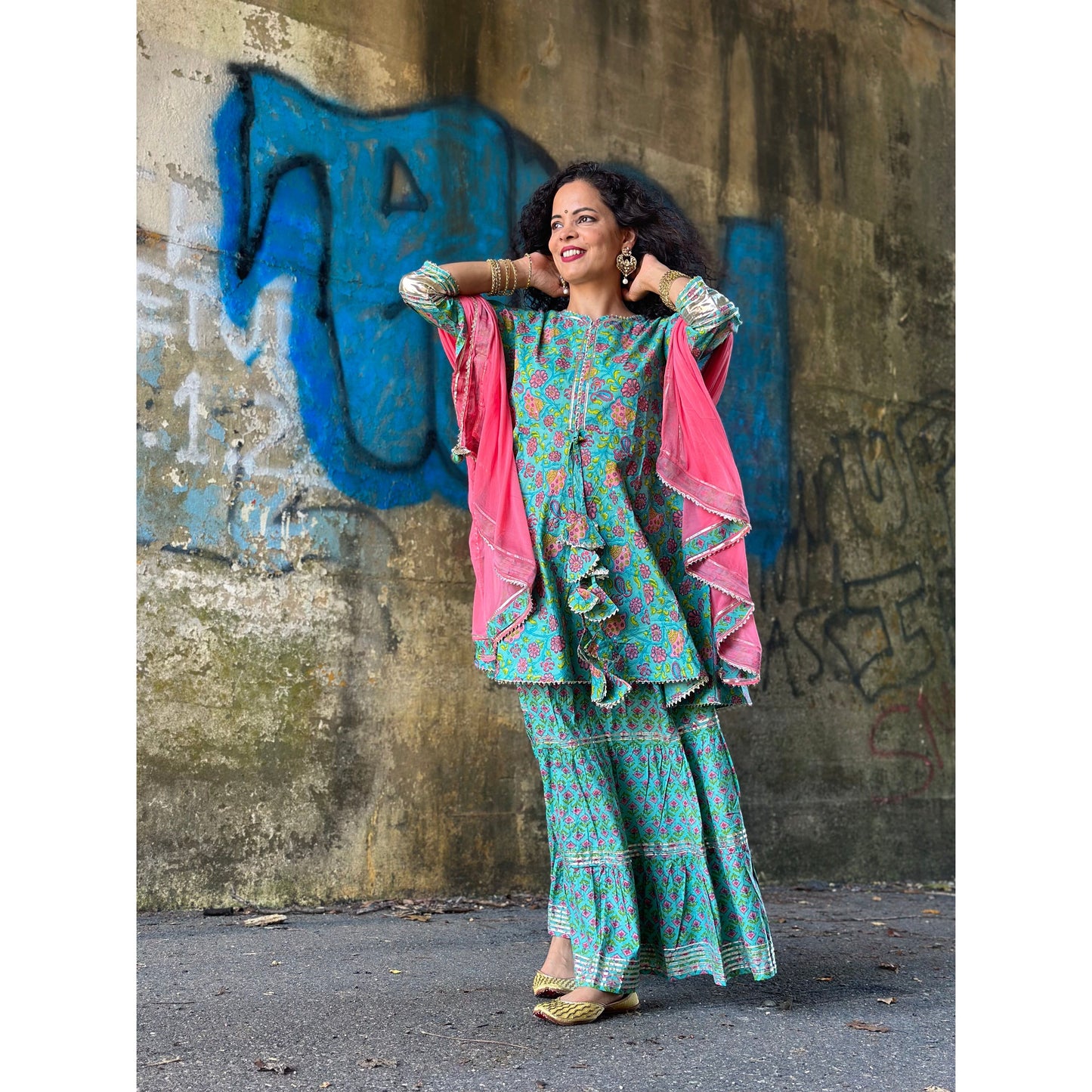 Sea green printed Kurti with Skirt and Dupatta