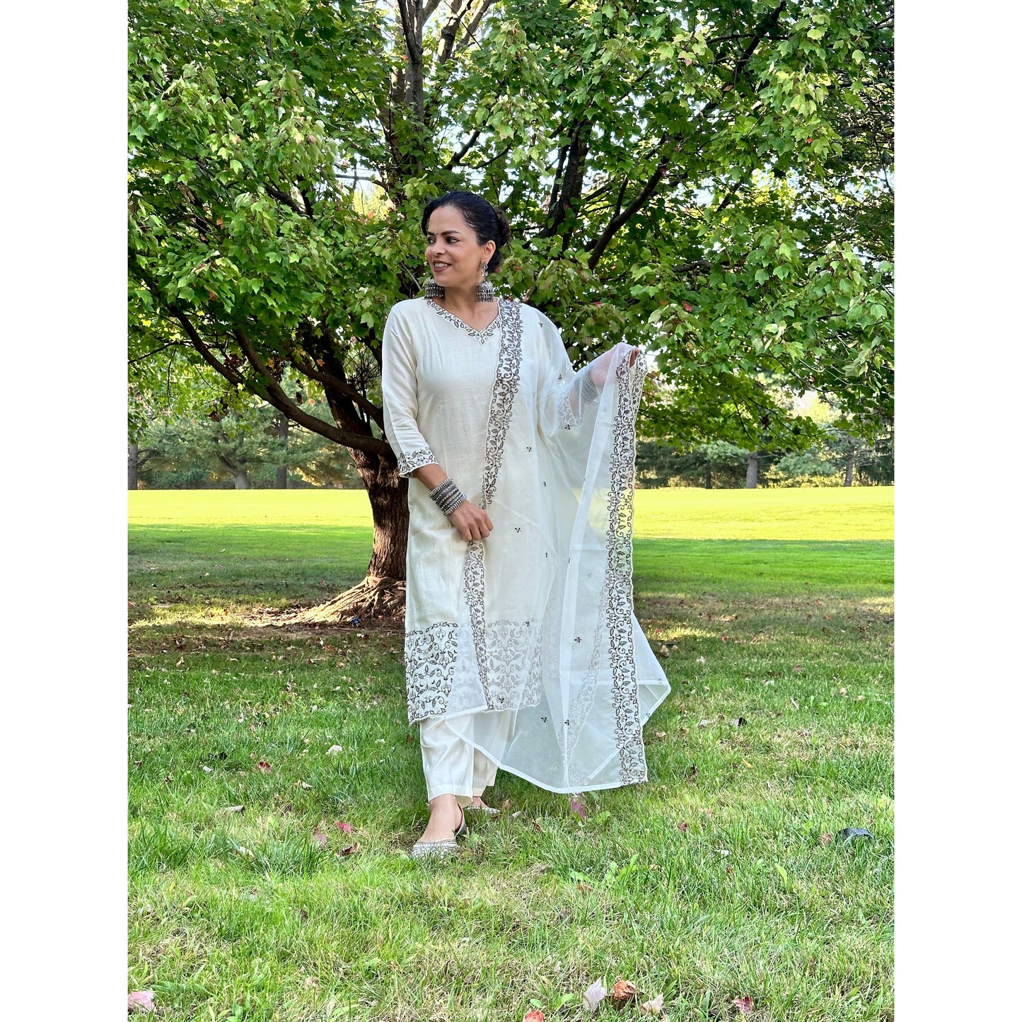 Off White Silk Blend Kurta Set for Holi/Festive Wear
