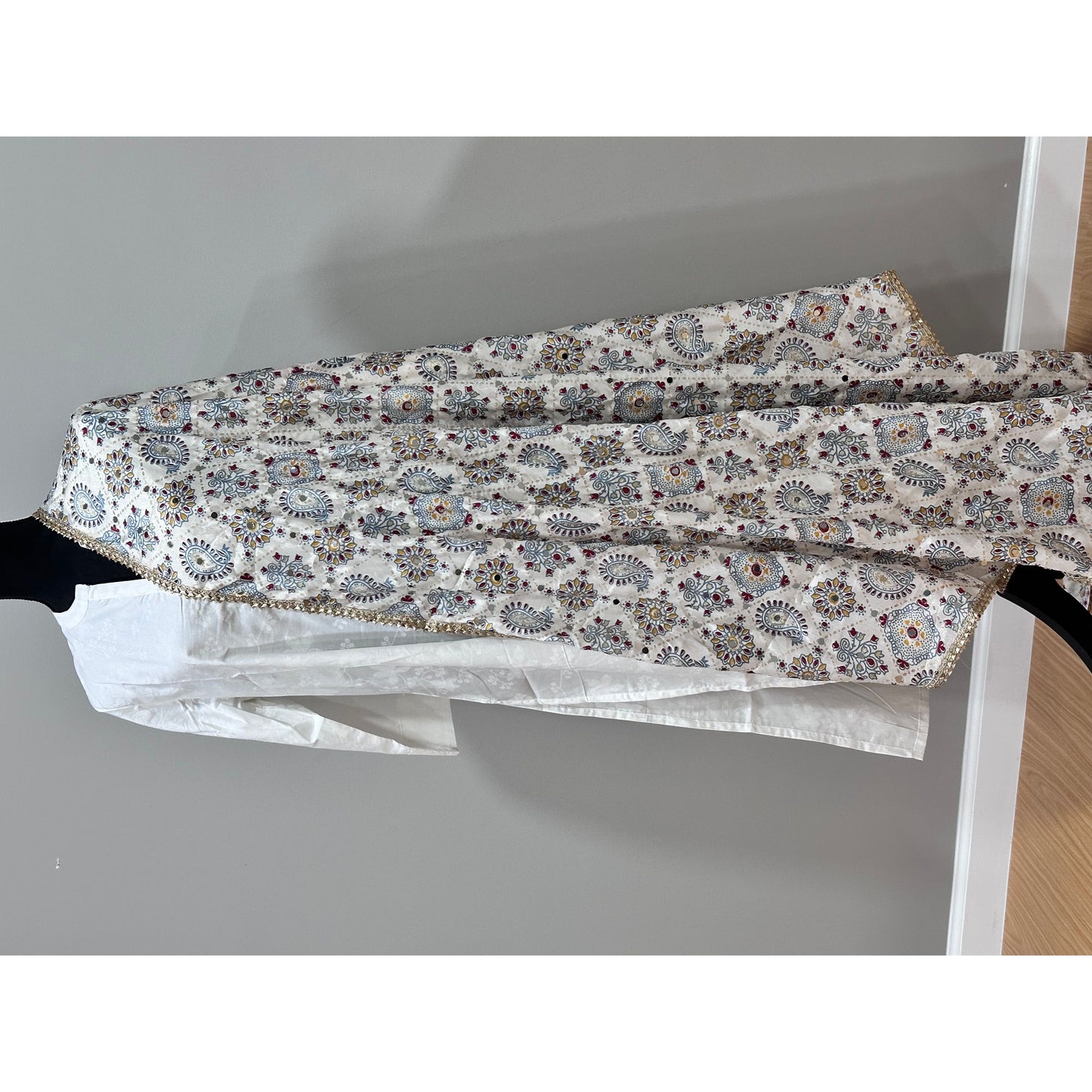 Chinon Foil Print White Mirror Work Dupatta