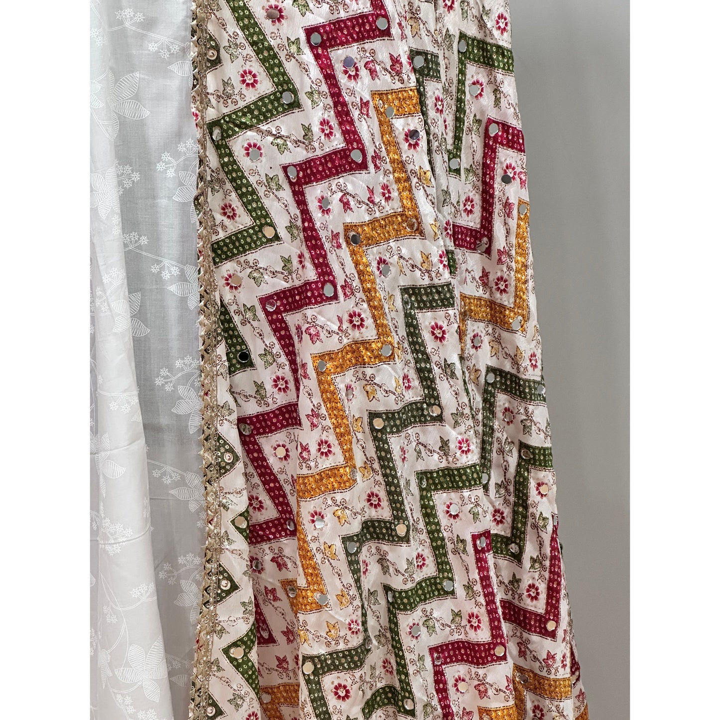White Multicolor Chinon Foil Print Dupatta with Mirror