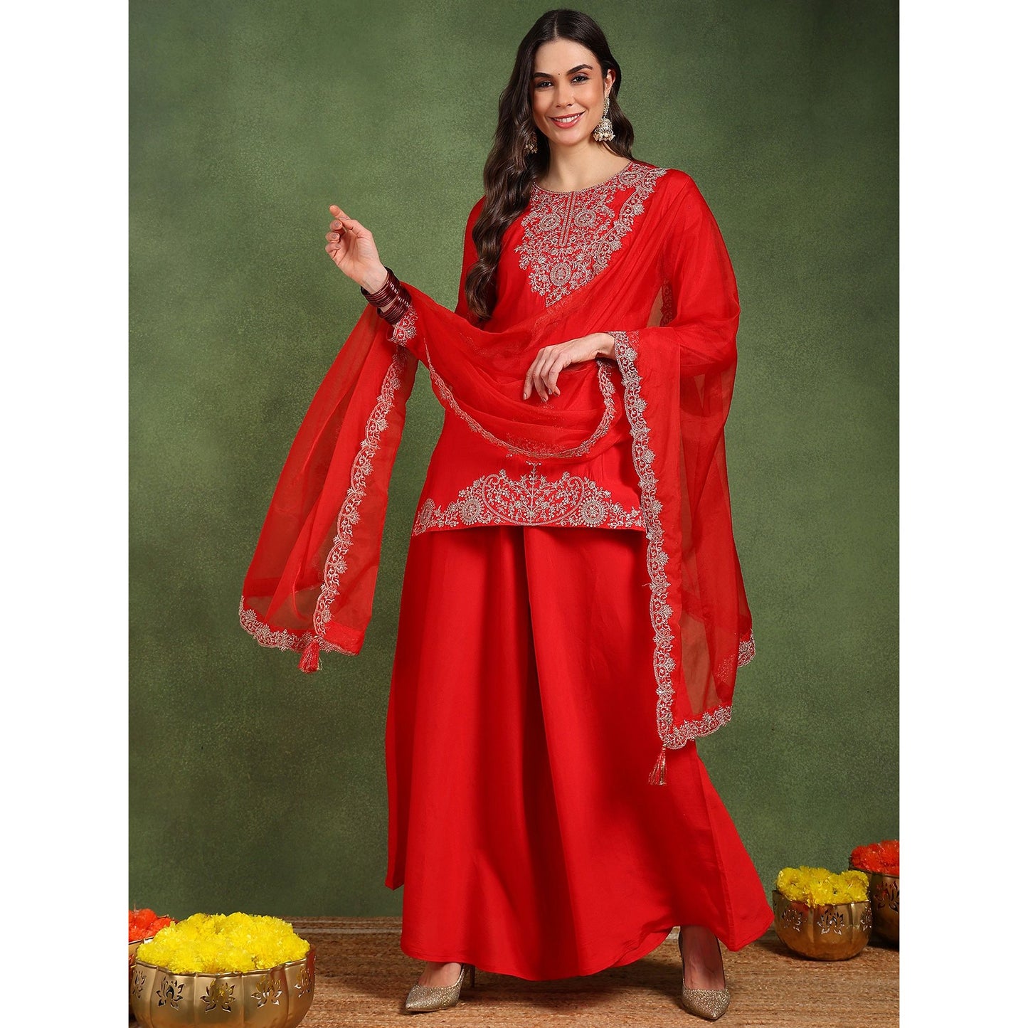 Red Silk Blend Embroidered Kurta Set for Women