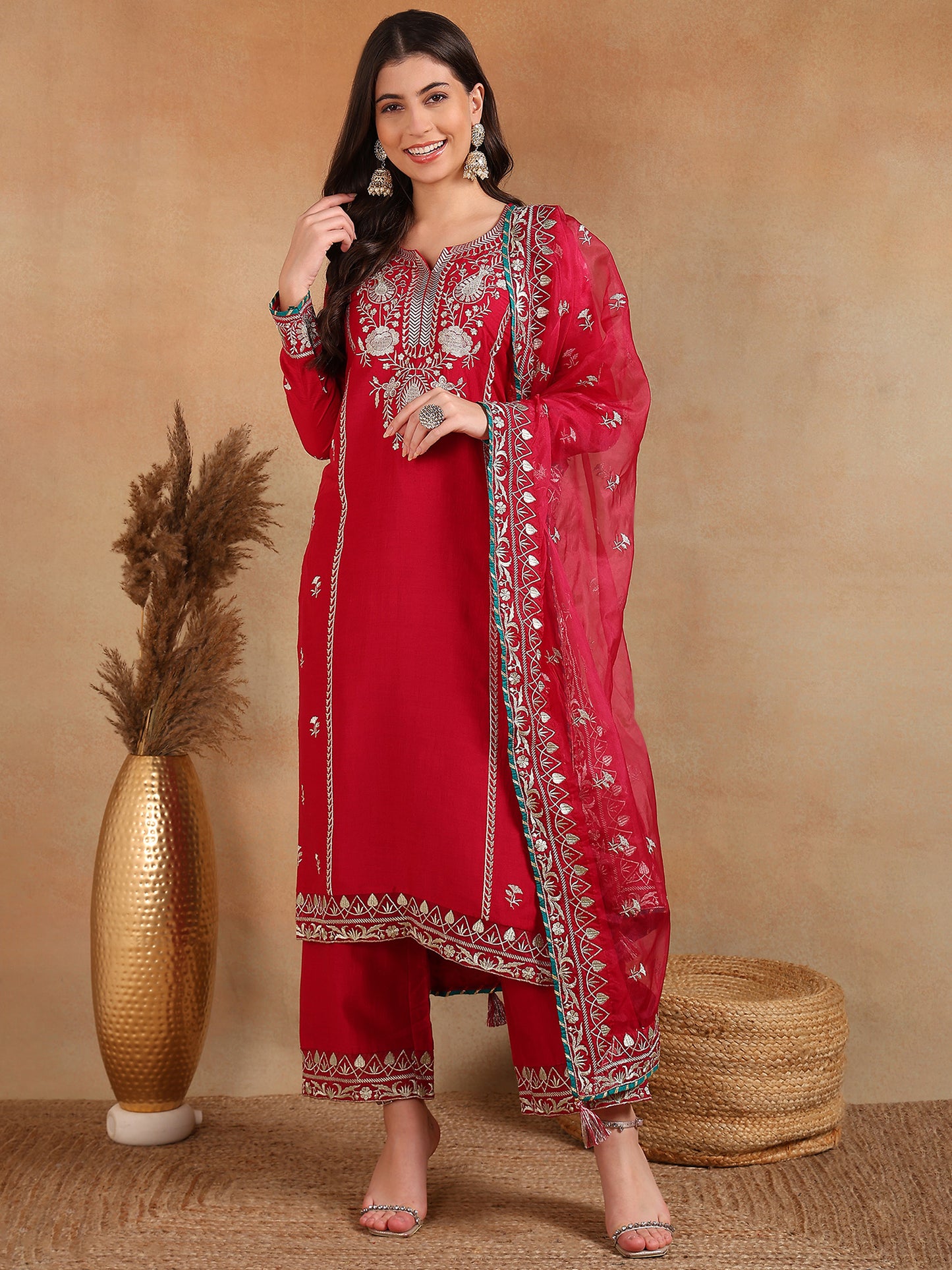 Pink Silk Blend Solid Yoke Design Kurta Set