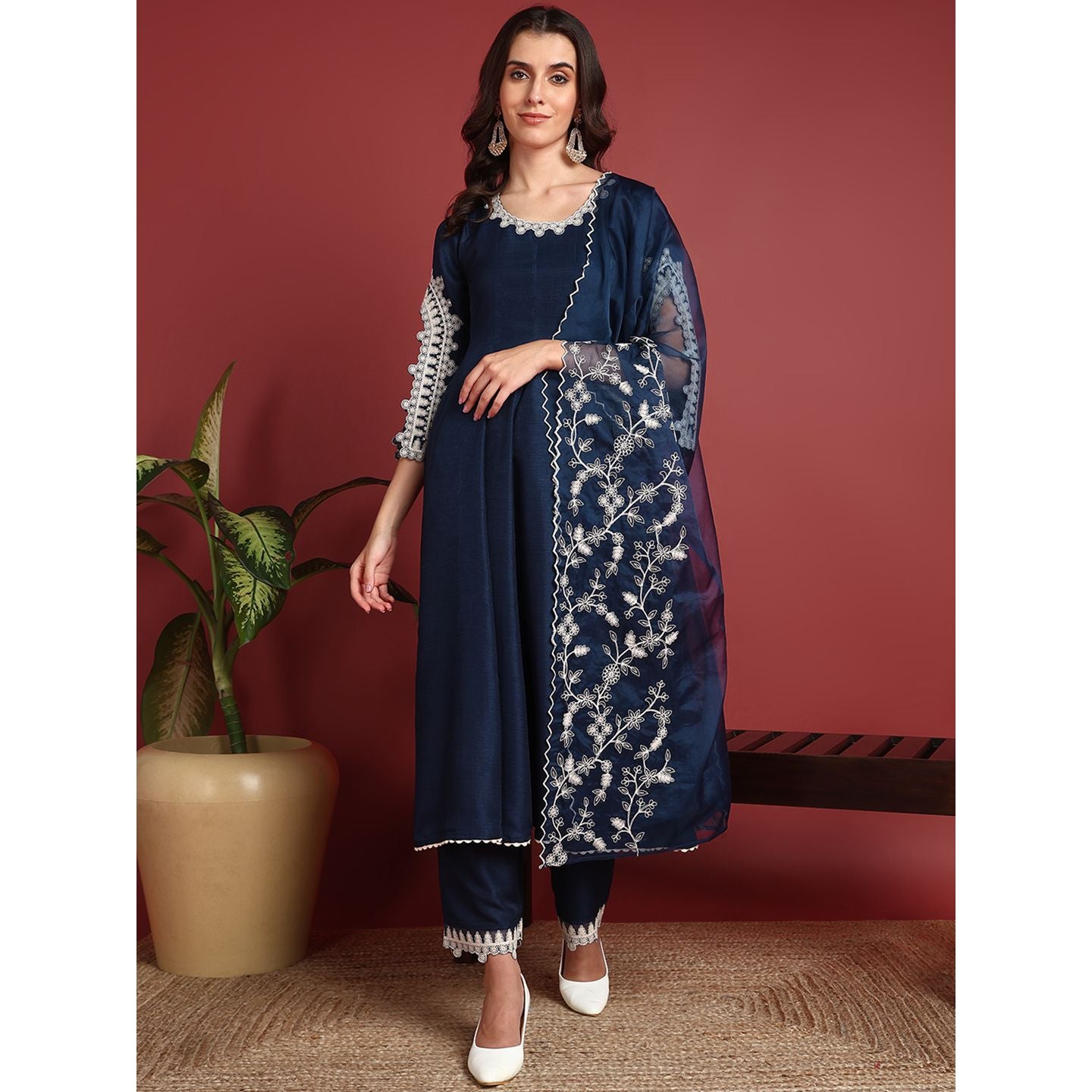 Blue Silk Blend Anarkali Kurta Set