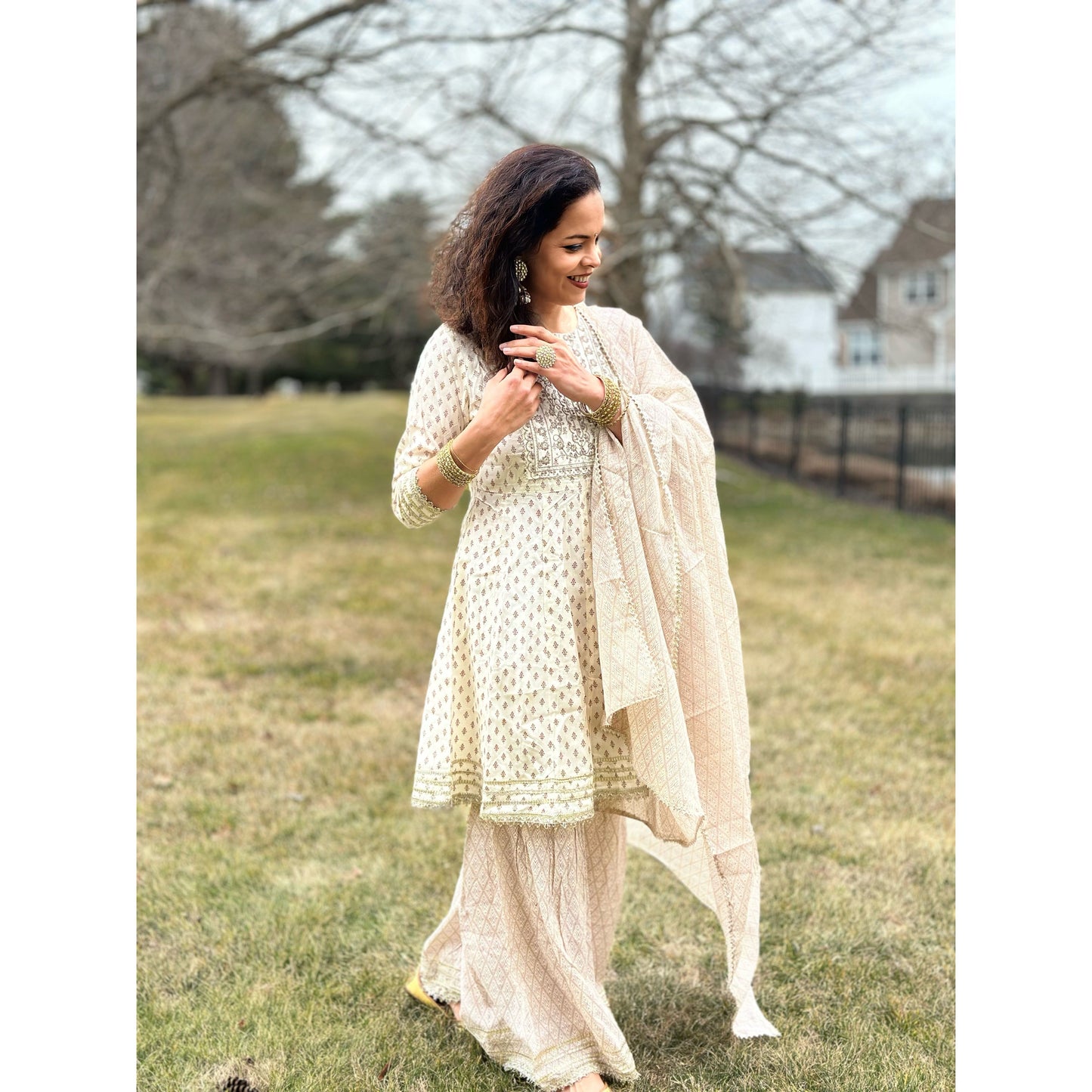 Beige Sharara Set with Gold Details