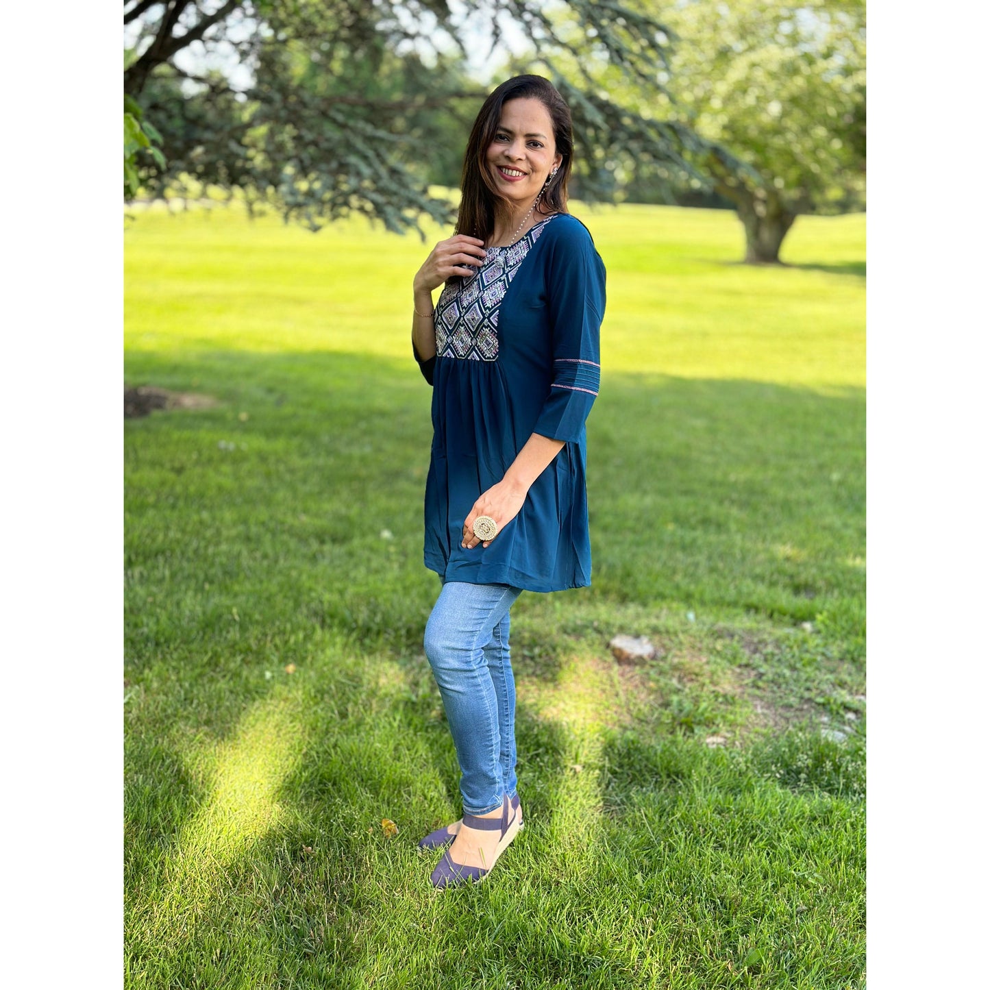 Blue Short Kurti with Embroidered Yolk