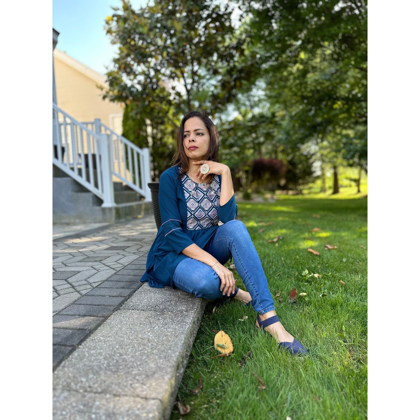 Blue Short Kurti with Embroidered Yolk