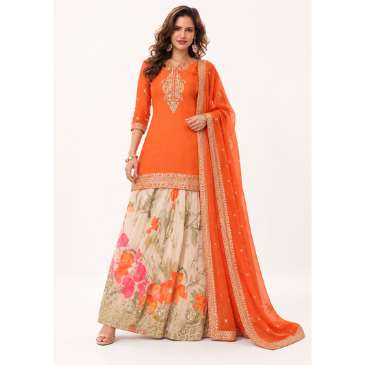 Orange Chinon Palazzo Set with Floral Print & Dupatta