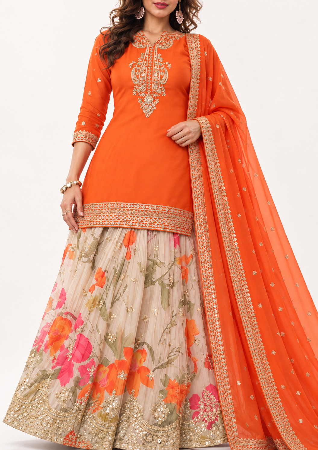 Orange Chinon Palazzo Set with Floral Print & Dupatta