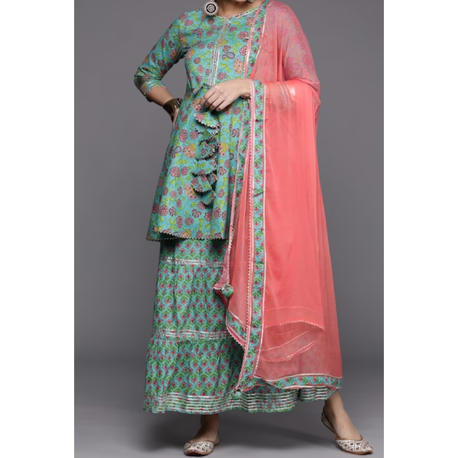 Sea green printed Kurti with Skirt and Dupatta