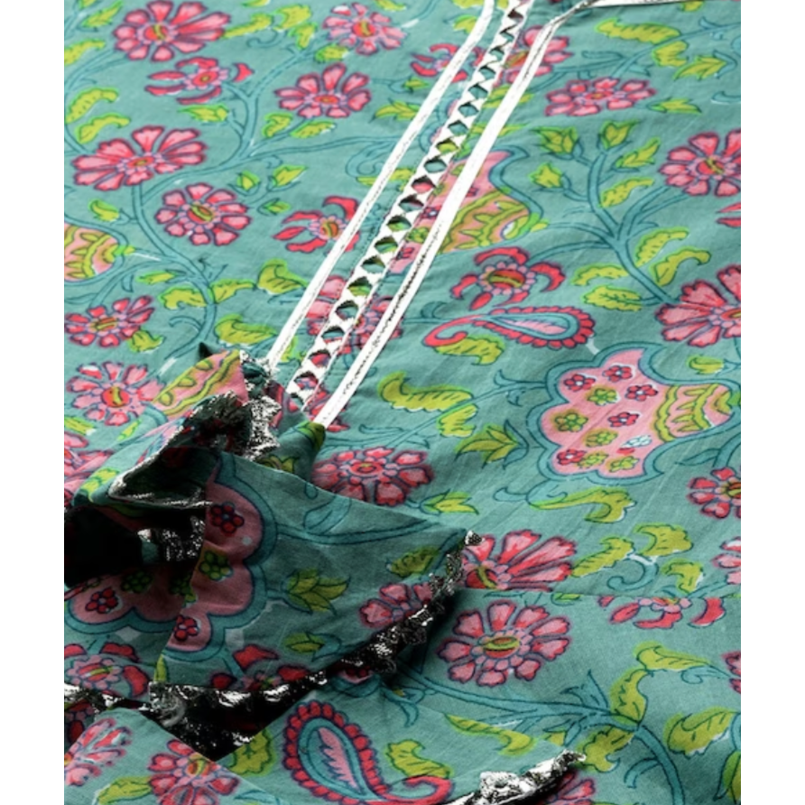 Sea green printed Kurti with Skirt and Dupatta