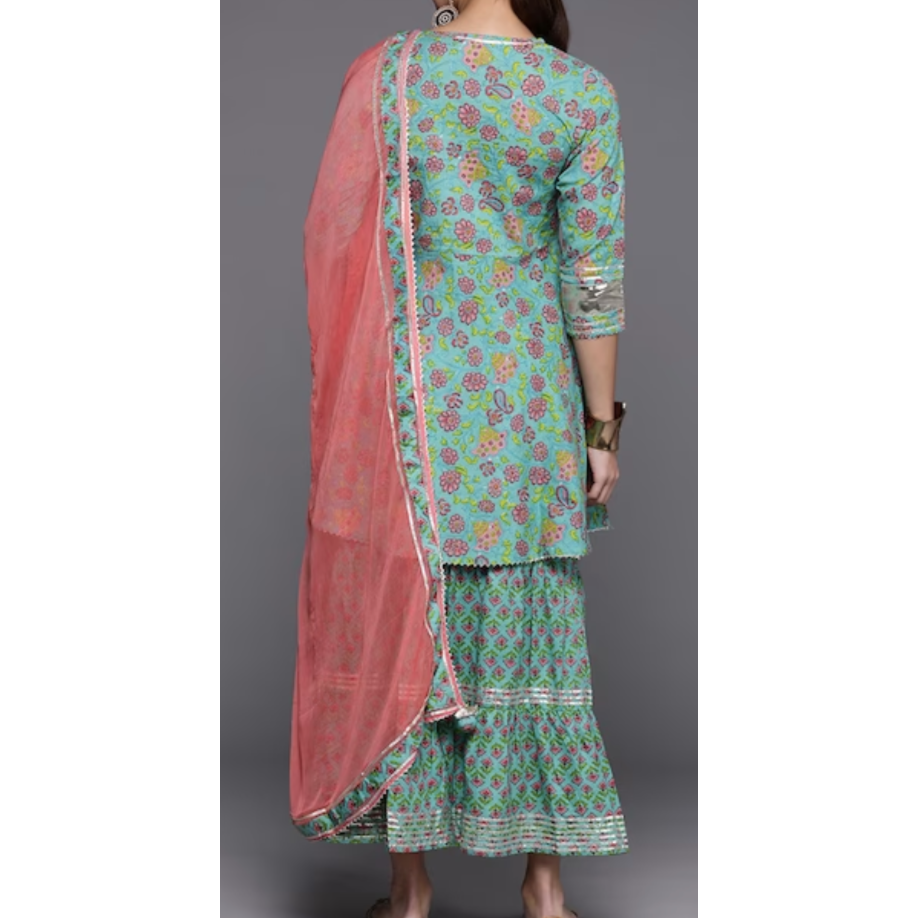 Sea green printed Kurti with Skirt and Dupatta