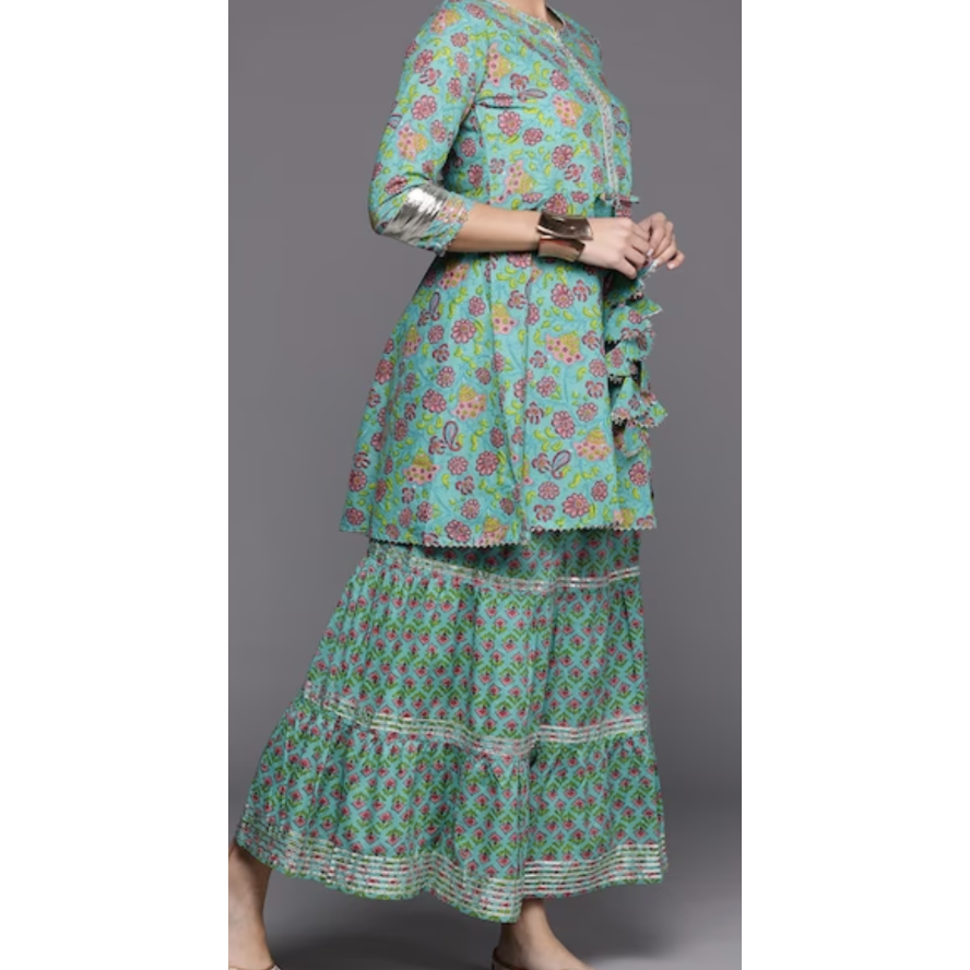 Sea green printed Kurti with Skirt and Dupatta