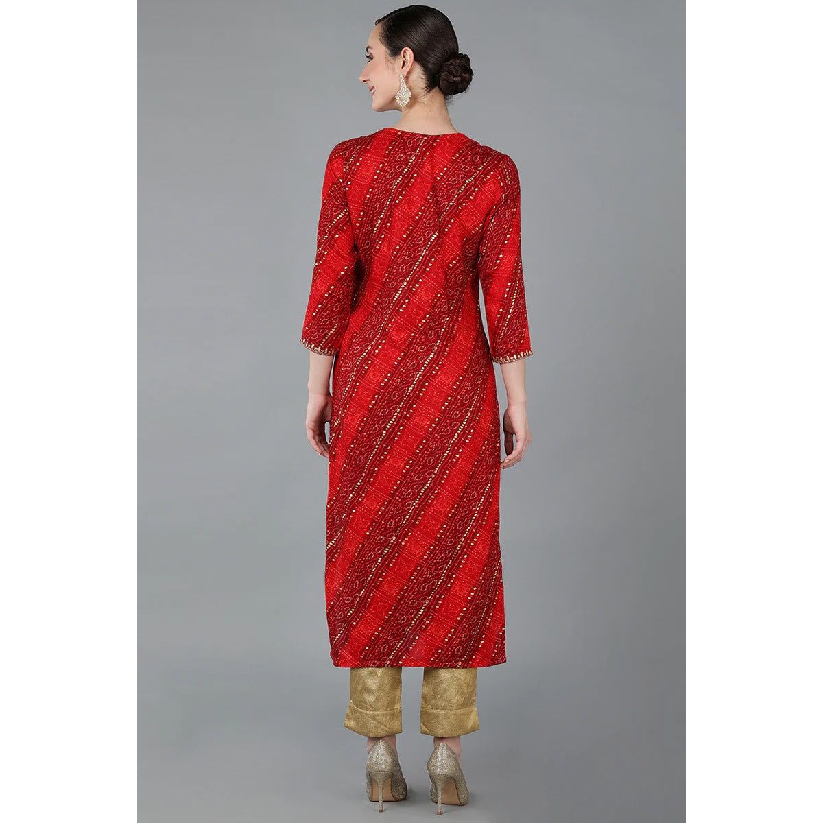 Red Viscose Rayon Geometric Straight Kurta