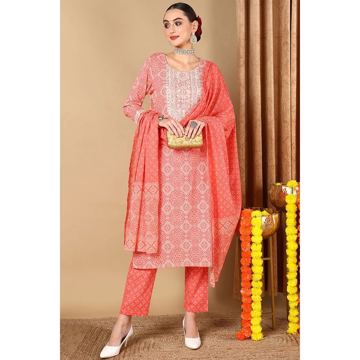 Peach Cotton Bandhani Printed Straight Suit Set
