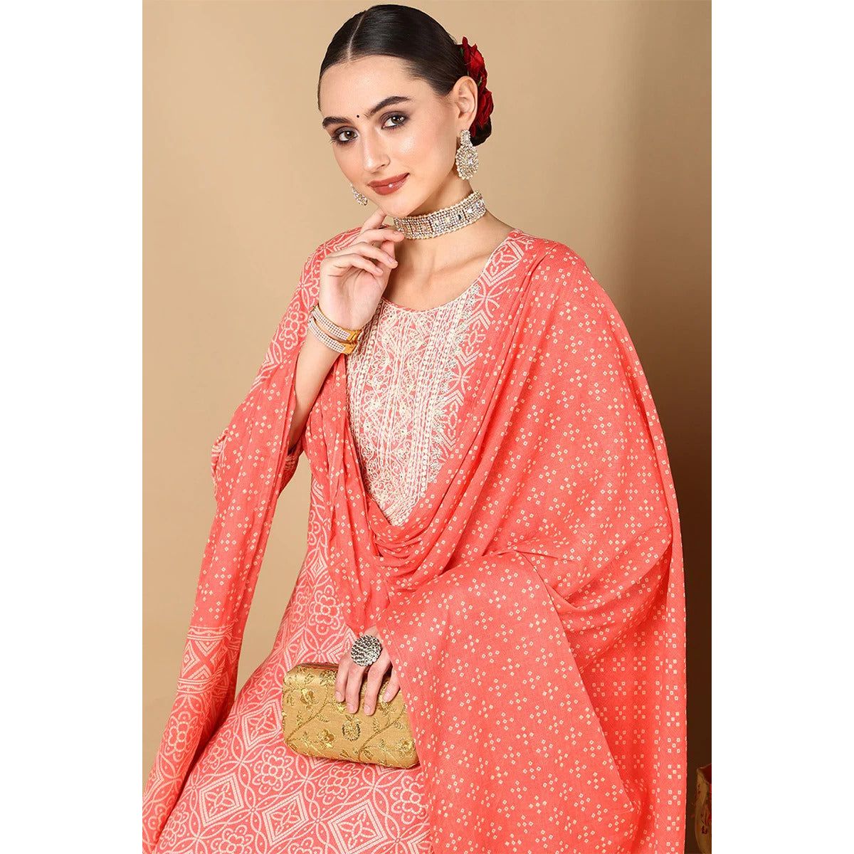 Peach Cotton Bandhani Printed Straight Suit Set
