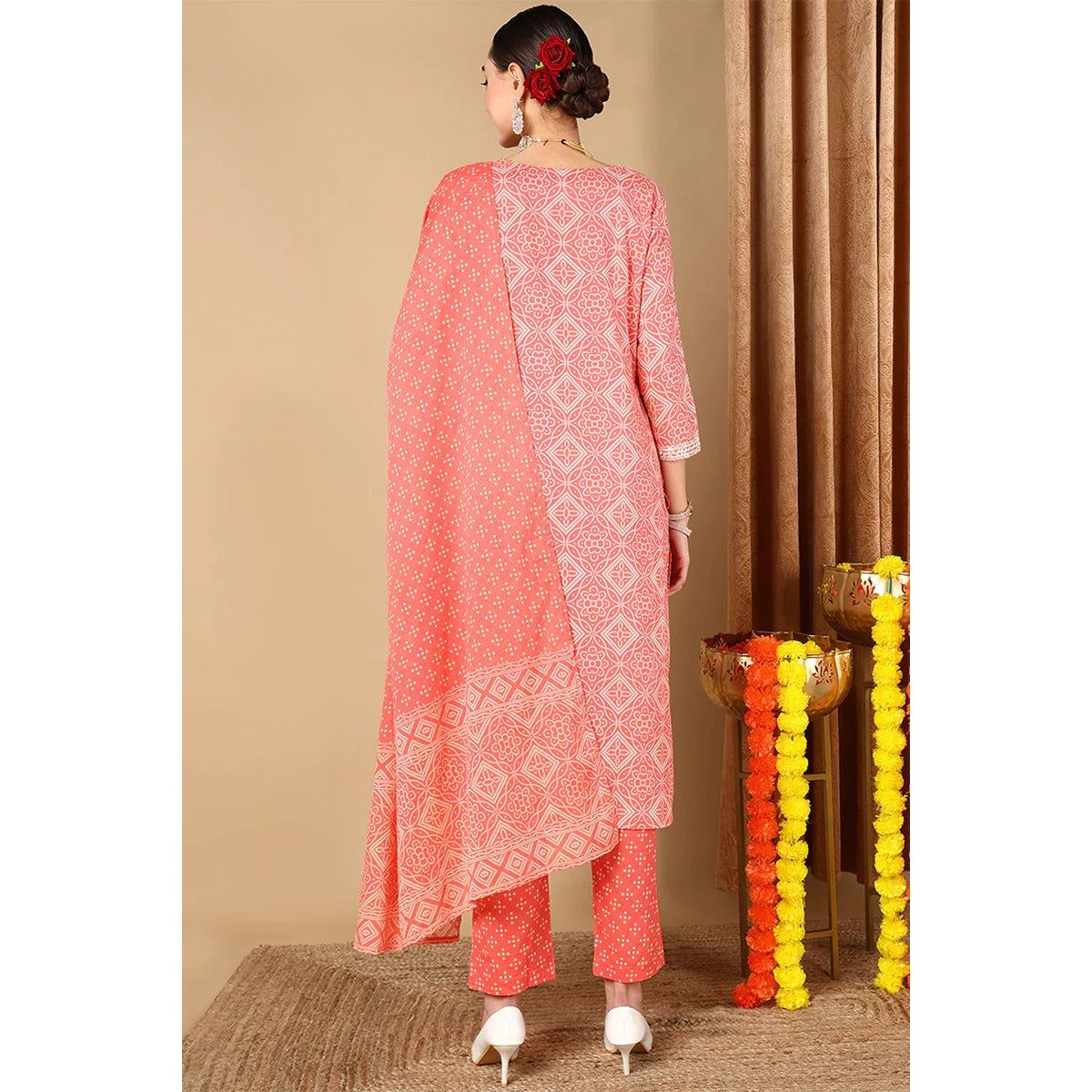 Peach Cotton Bandhani Printed Straight Suit Set