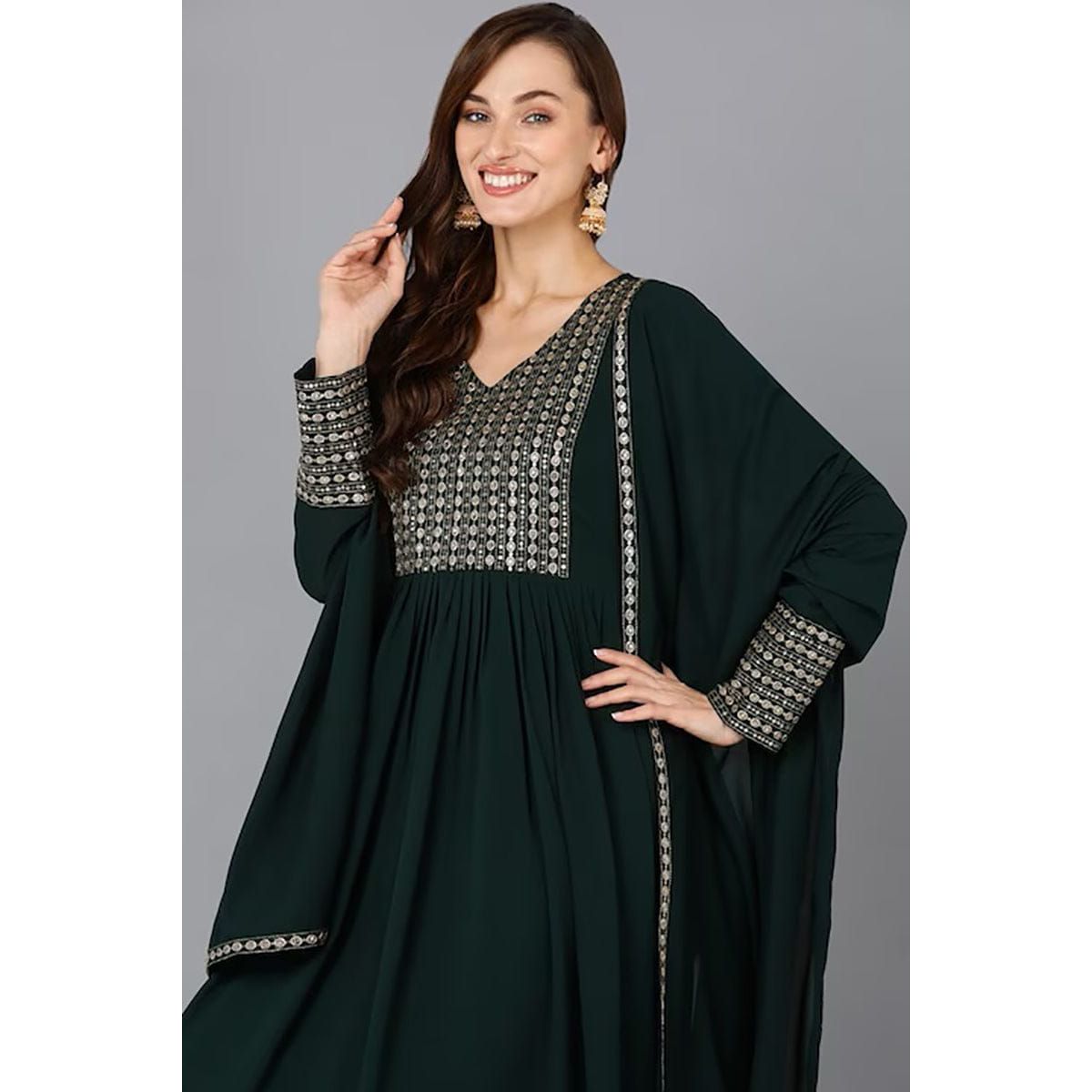 Green Georgette Solid Anarkali Suit Set