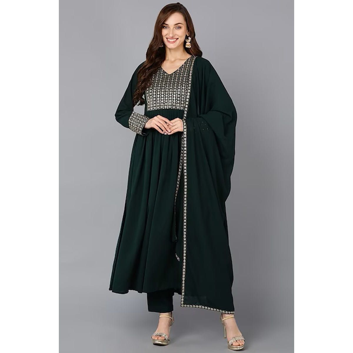 Green Georgette Solid Anarkali Suit Set