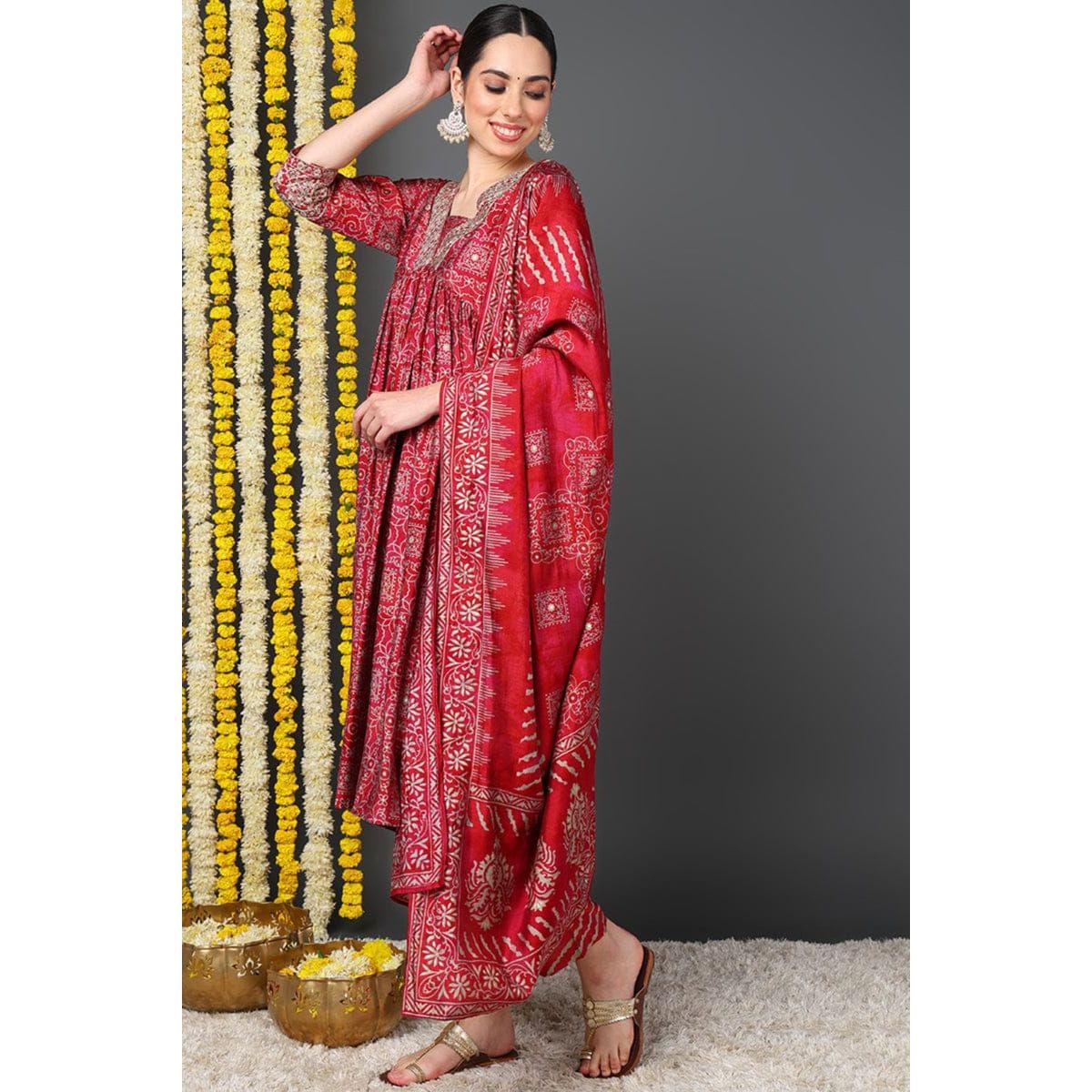 Maroon Printed Flared Suit Set/Festive Wear/Party Wear