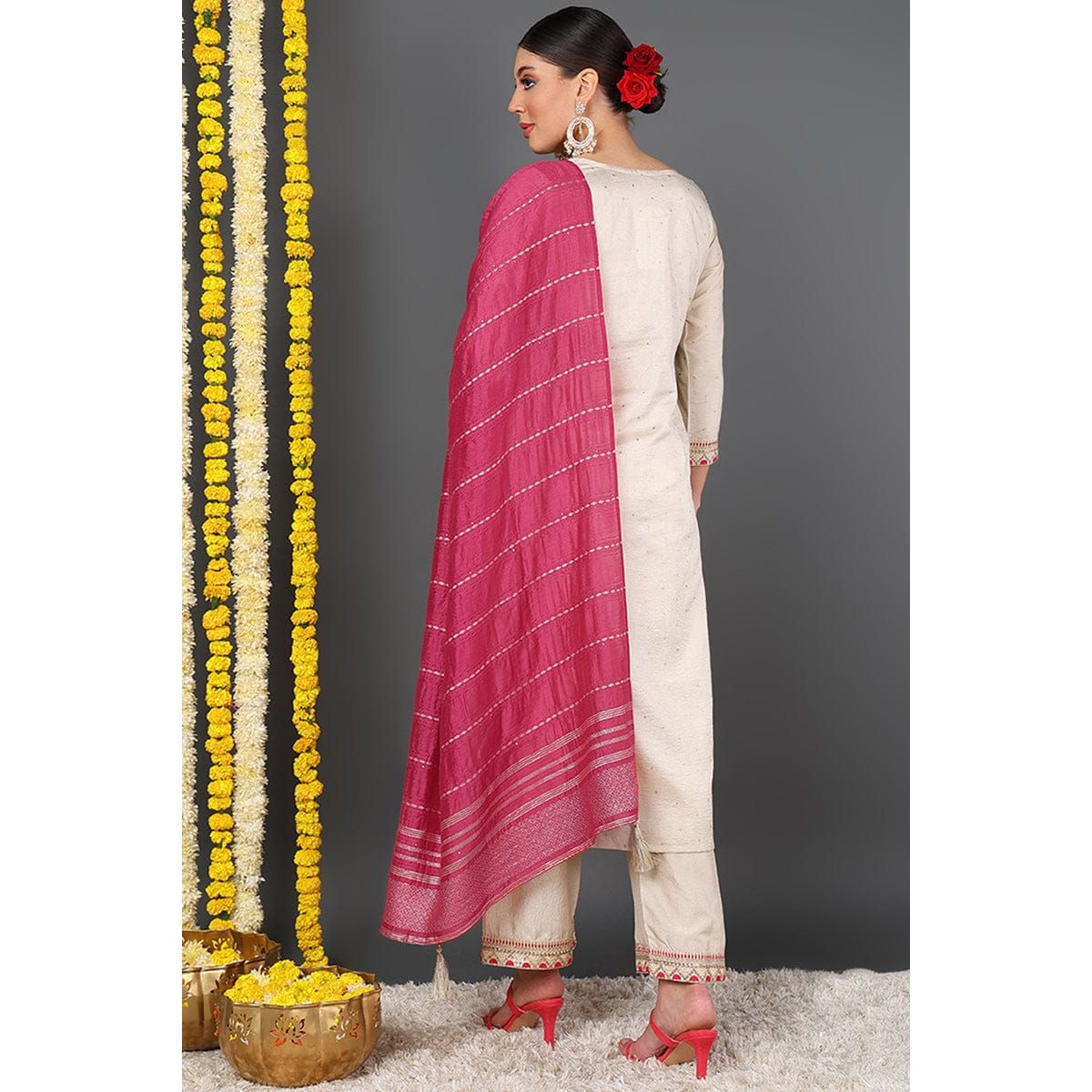 Off white Silk Blend Festive Wear Set