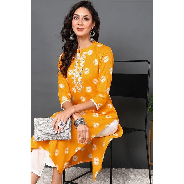 Yellow Cotton Embroidered Ethnic Motifs Straight Kurta