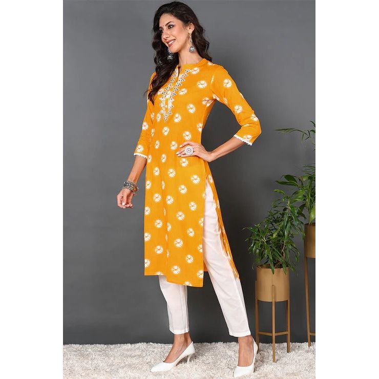 Yellow Cotton Embroidered Ethnic Motifs Straight Kurta