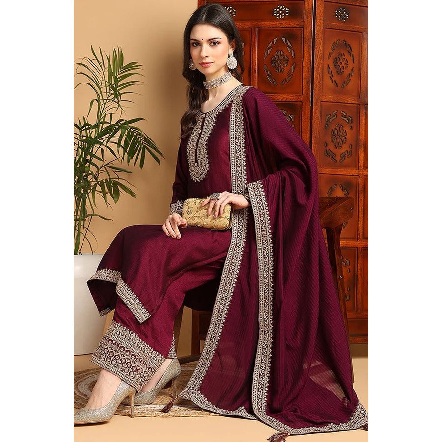 Maroon Silk Blend Suit Set for Diwali/Festive Wear