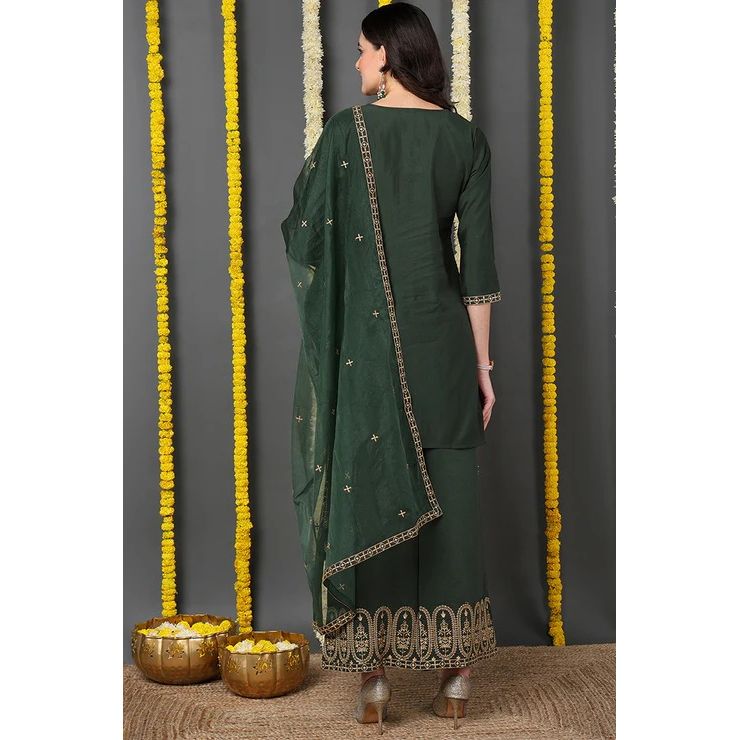 Green Silk Blend Suit Set for Diwali/Festive Wear