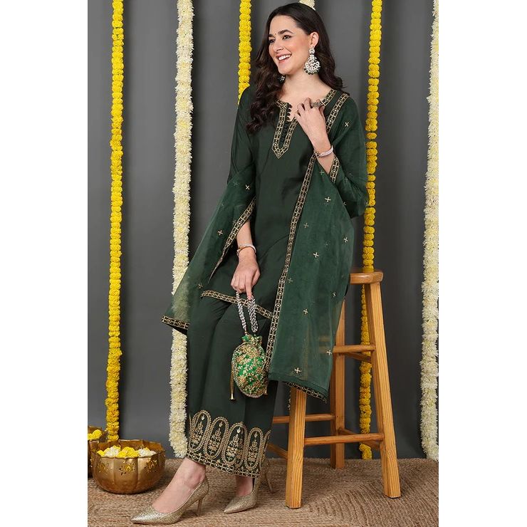 Green Silk Blend Suit Set for Diwali/Festive Wear