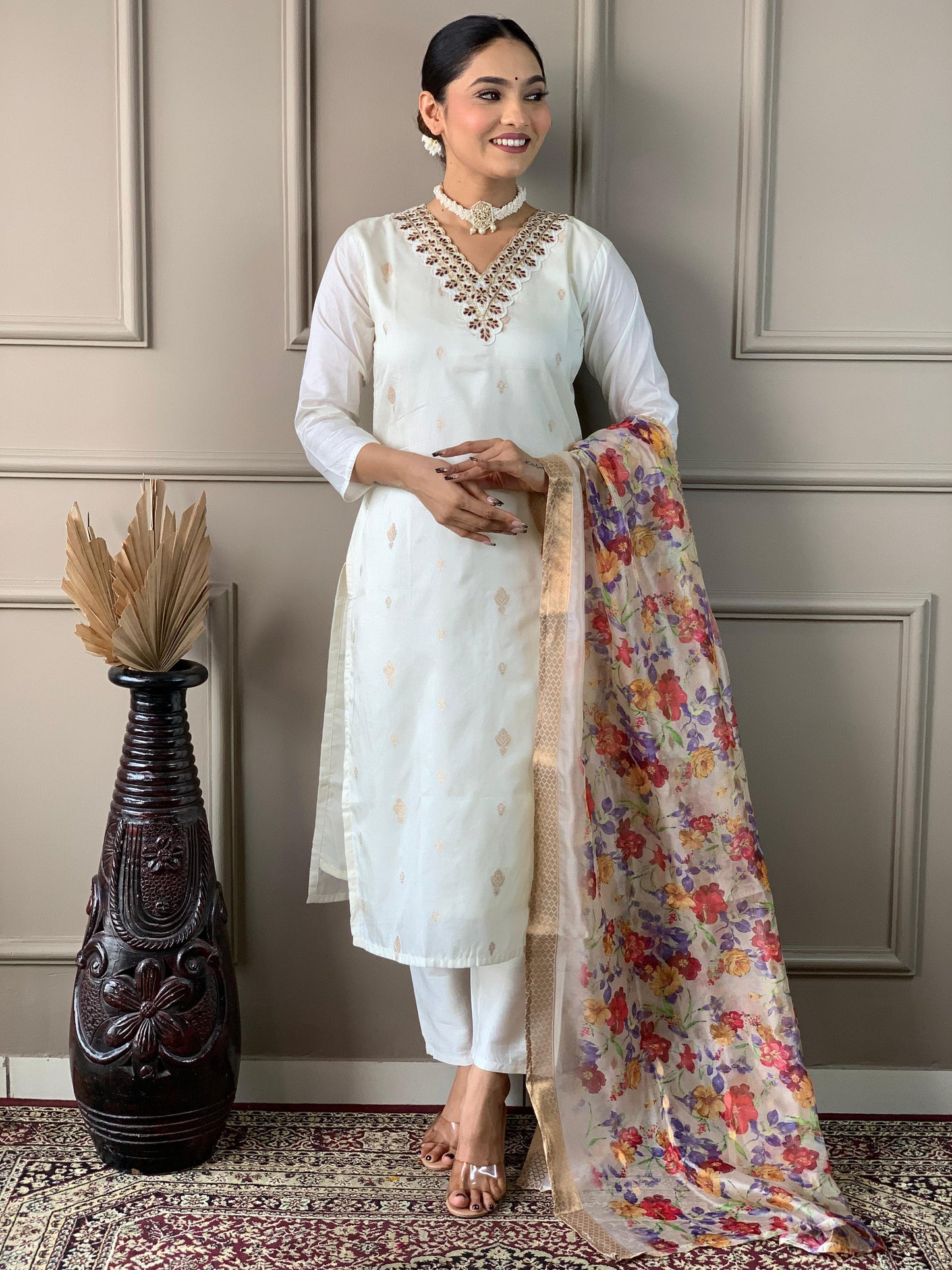 White Kurta Set with Floral Dupatta for Holi