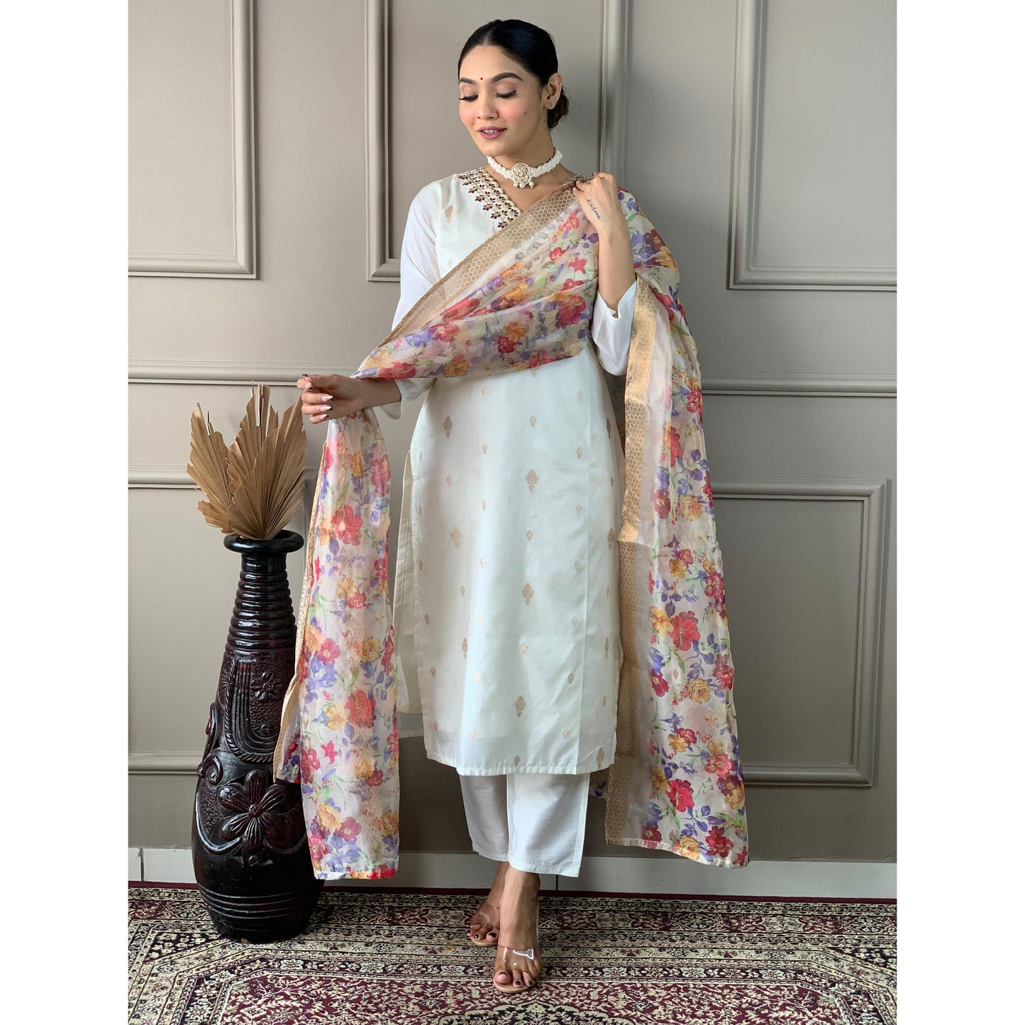 White Kurta Set with Floral Dupatta for Holi