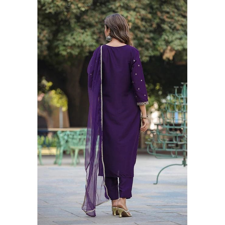 Purple Silk Blend Ethnic Motifs Straight Suit Set