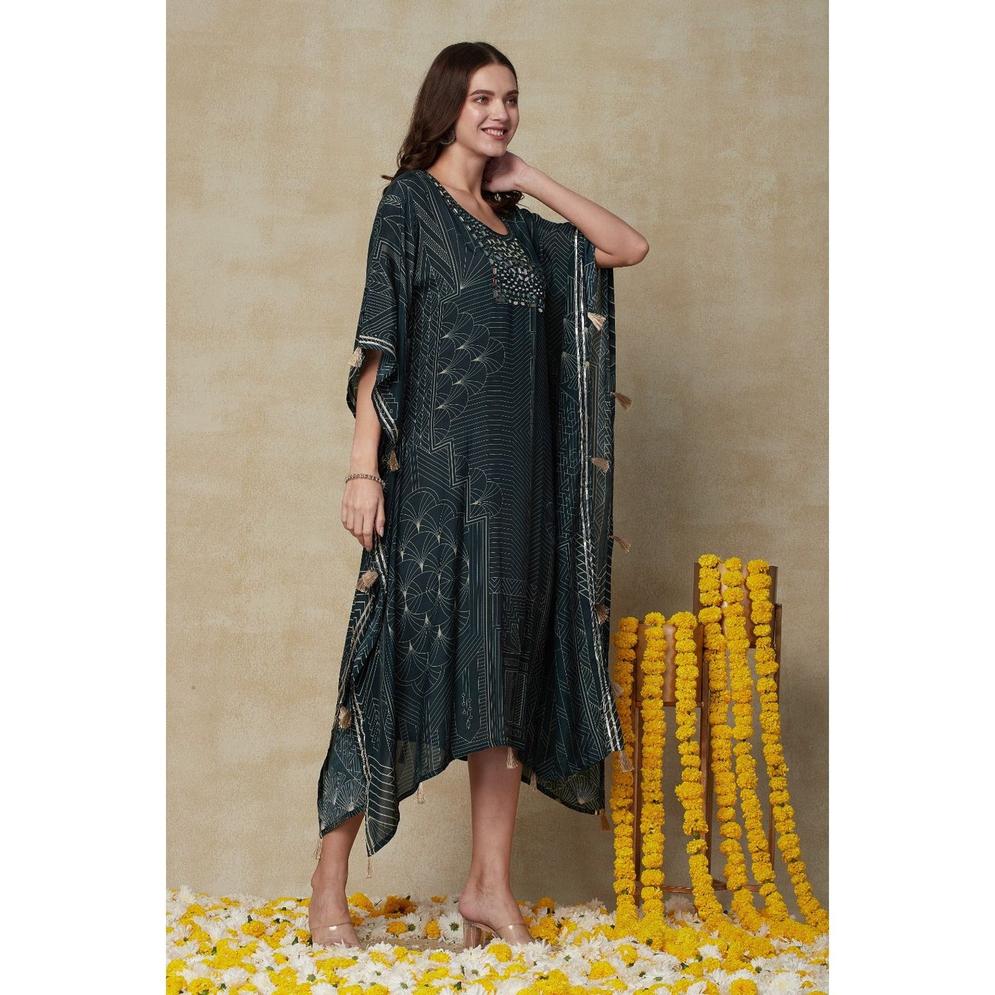 Dark Green Kaftan with Yolk Details