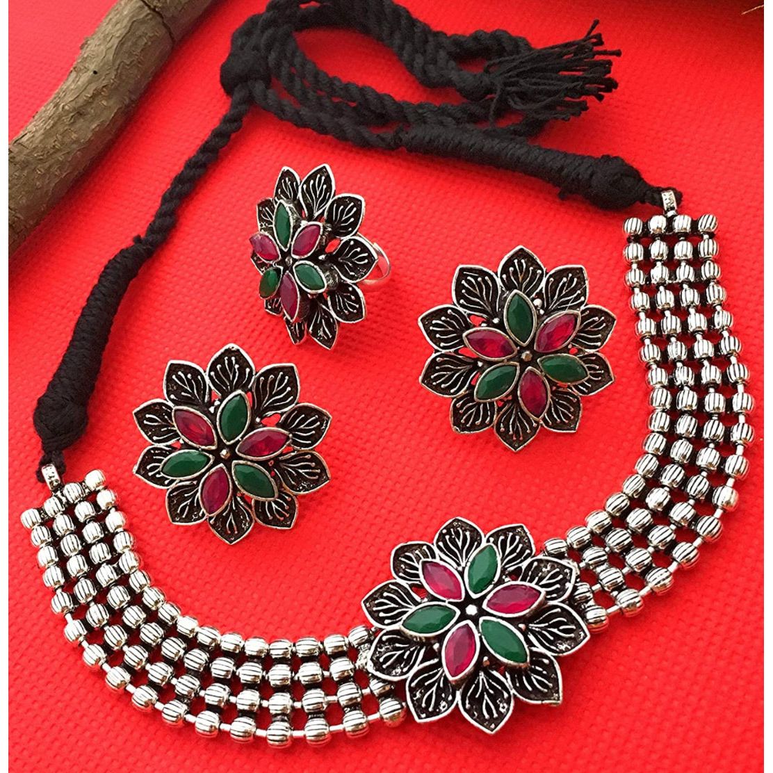 Oxidized Choker Set with Ring for Women