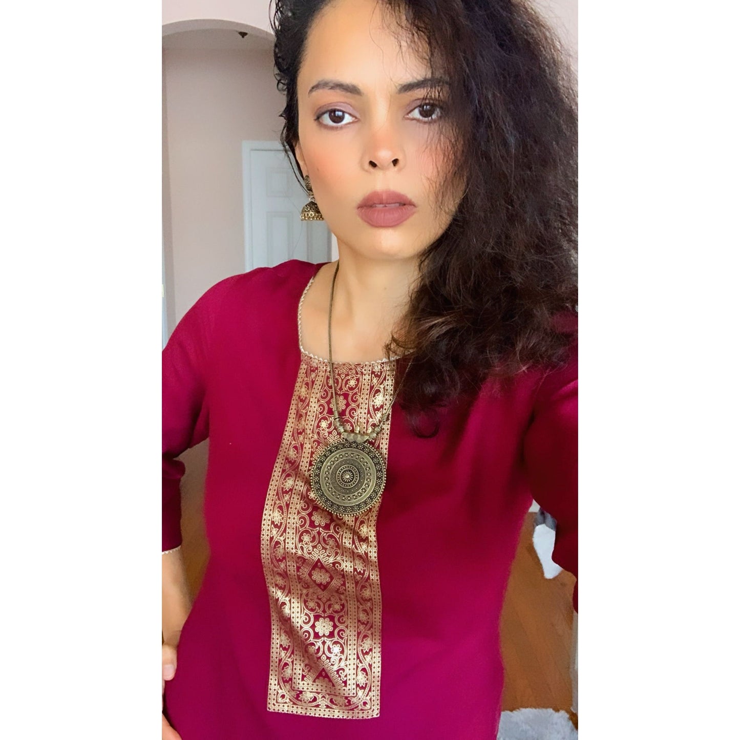 Elegant Wine and Gold Print Kurta for Women
