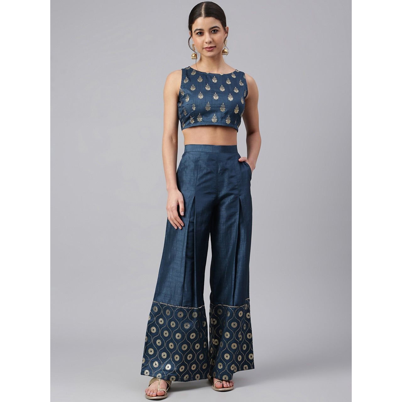 Versatile Crop Top with Palazzo Pants and Jacket Set for Women