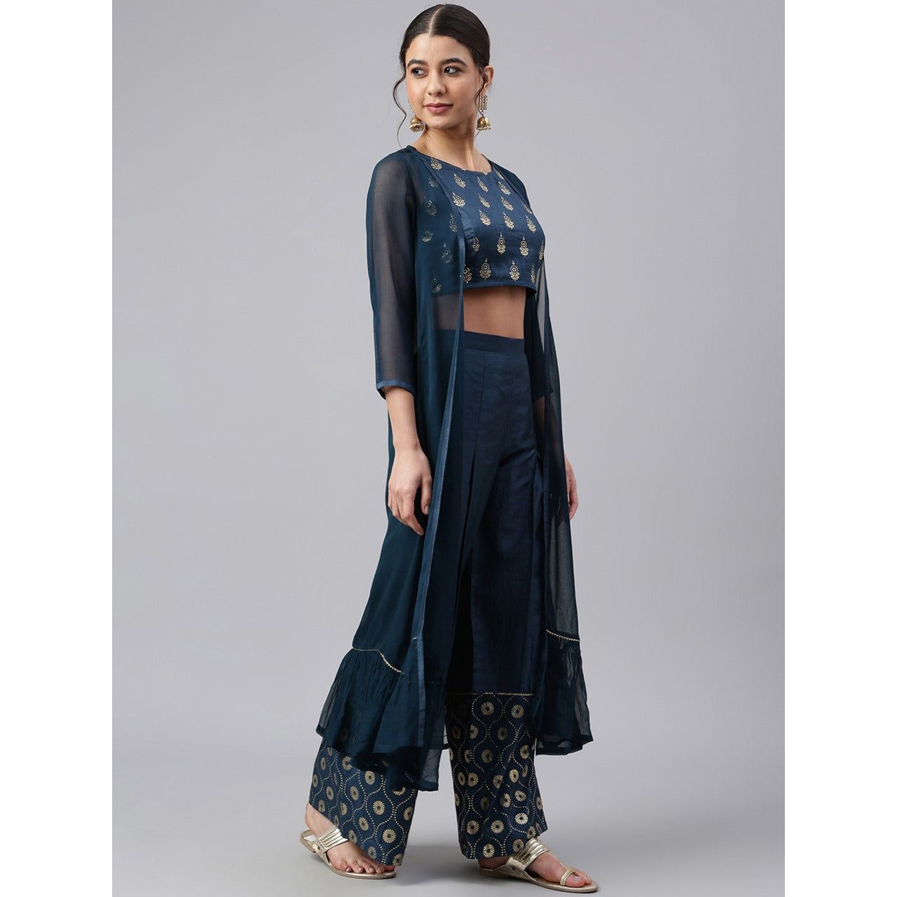 Versatile Crop Top with Palazzo Pants and Jacket Set for Women