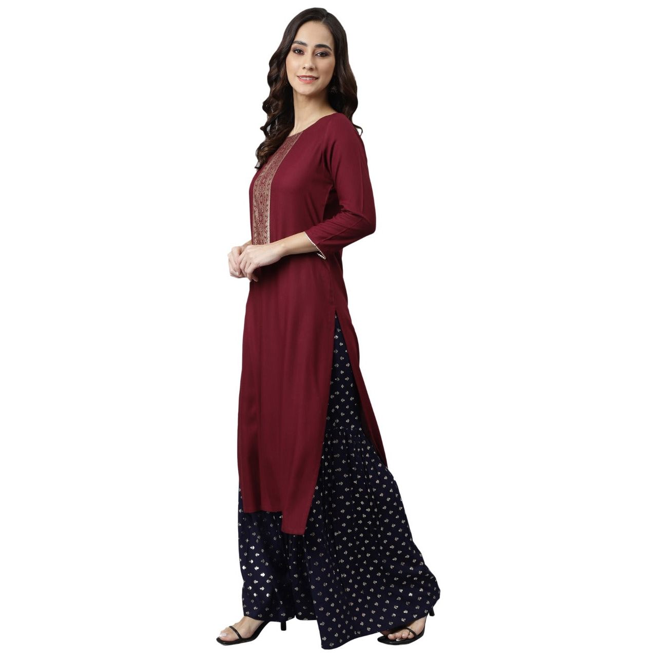 Elegant Wine and Gold Print Kurta for Women